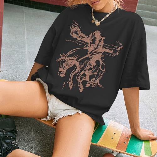 Western Cowboy Shirts for Women Oversized Vintage Rodeo Graphic Tees Boho Country Music Cute Cowgirl Summer Tops3