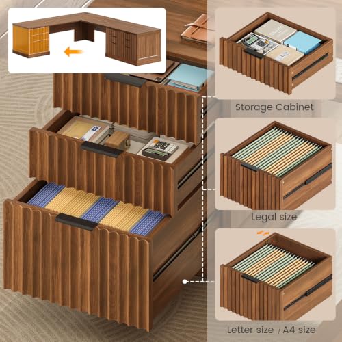 Image of SEDETA Fluted 78.8 inch L Shaped Desk with 6 Drawers, Fluted Brown