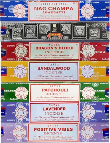 Satya Räucherstäbchen Geschenkset 7 Düfte Nag Champa Super Hit Dragons Blood Sandelholz Patchouli Lavendel Positive Vibes 15g x 7 Packungen