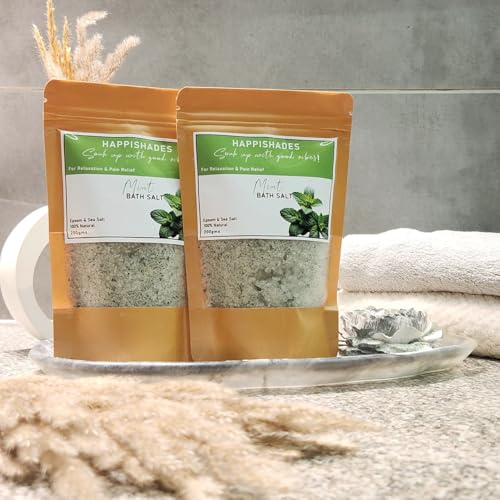 Image of Happishades Bath Salt | For Body & Foot Spa, Calming, Relaxing, Muscle Aches Pain Relief, Aromatherapy | Pure & Natural Epsom, Sea Salt & Essential Oils - 200 grams (Mint x 2)