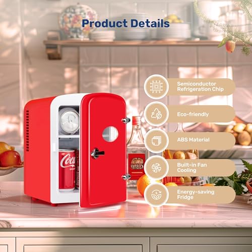Image of Simple Deluxe Mini Fridge with Observation Window 6 Can Portable Cooler & Warmer Freon-Free Small Refrigerator, Compact Fridge for Skincare, Beverage, 4L with Window, Red