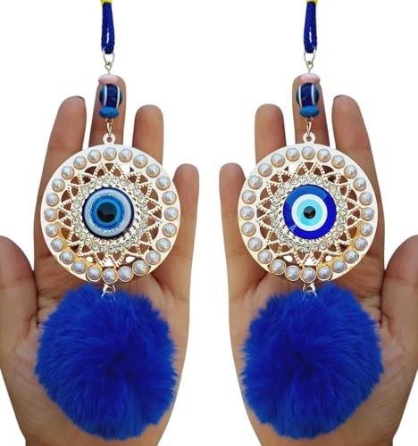 Image of Evil Eye Car Mirror Hanging Nazar Battu for Home Entrance Decoration, House Main Front Door Decor Hanging Decorative Items, Feng Shui Items for Good Luck, Blue, Set of 2