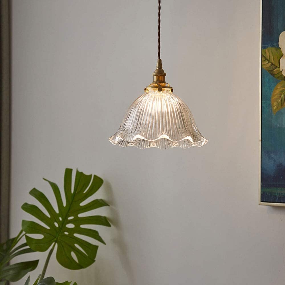 LYMSXAZOU Vintage Brass Glass Flower Chandelier Nordic Simplicity Pendant Light With Ribbed Lampshade Creativity Restaurant Ceiling Hanging Droplight Lighting Fixture For Bar Counter Entrance Balco