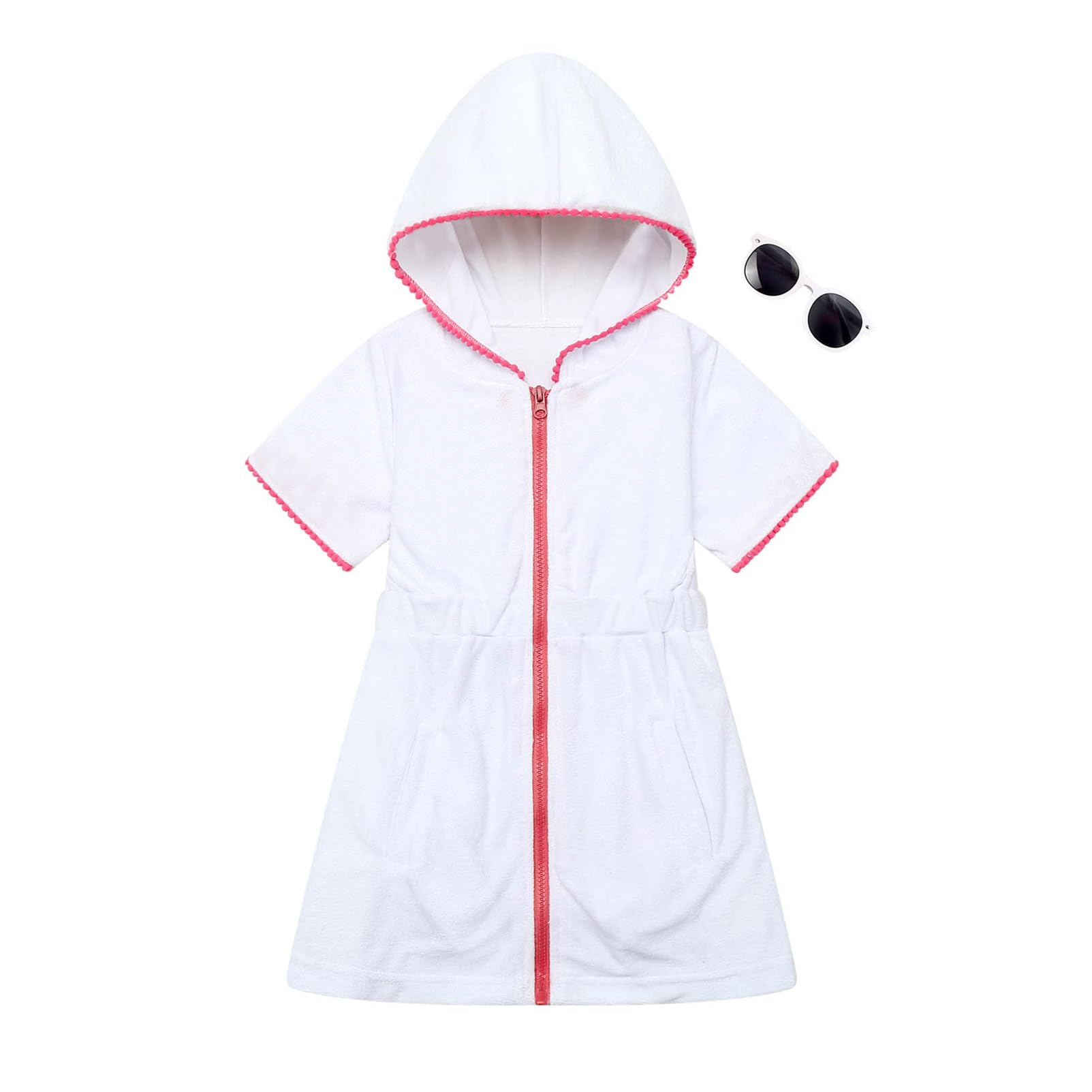 Girls Swim Cover Up Kids Beach Swimsuit Coverup Terry Zip-Up Bathing Suit Beach Pool Clothes with Sunglasses