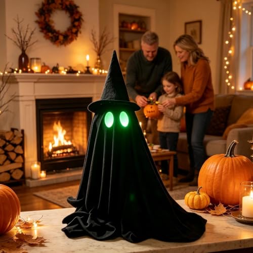 Decoración de Halloween para el hogar con sombrero de bruja negro y centros de mesa luminosos 3