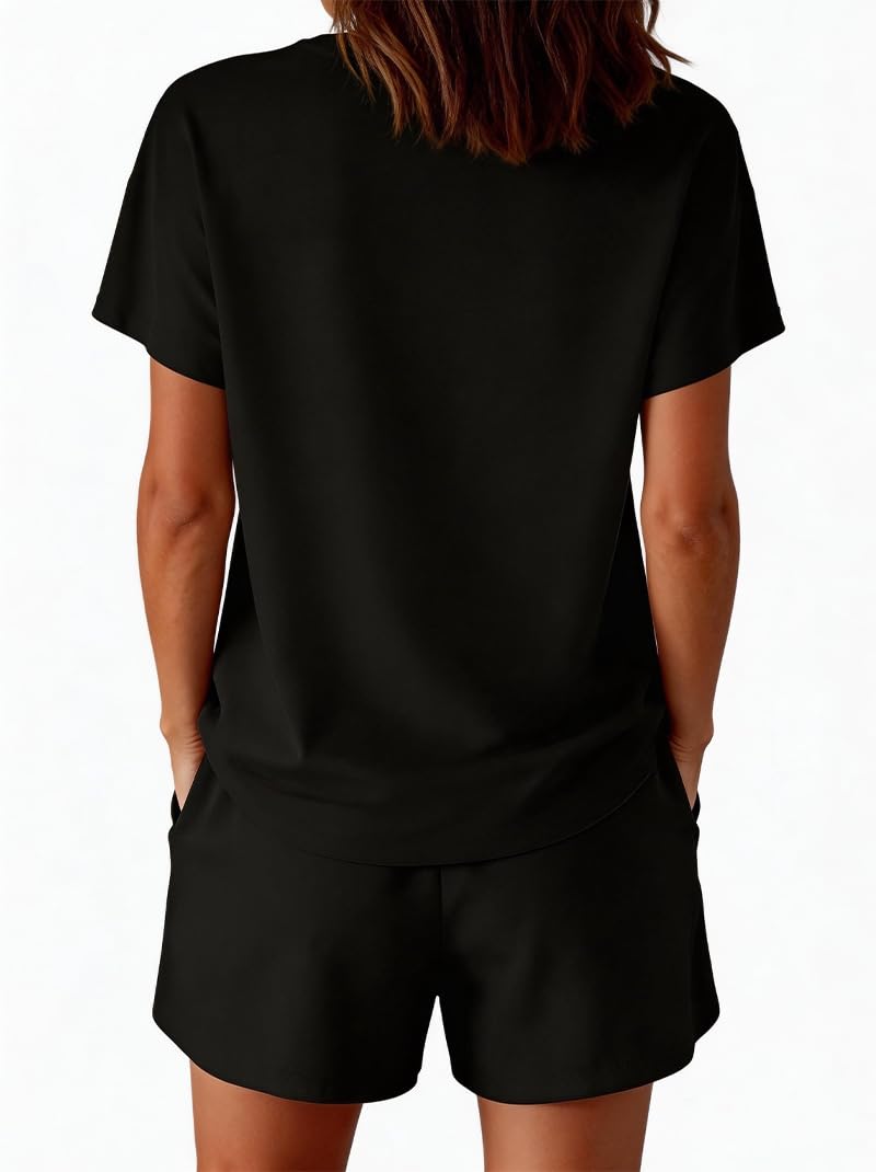 Ensemble Femme Ete 2 pièces Décontractée Pantalon Courte et Haut à Col Rond Survêtement Elegant détente Yoga Sportswear Ensemble de pyjama et col rond Tenue casual Survêtement Jogging pour le fitness