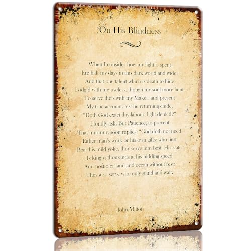 On His Blindness Poem Wall Decor Metal Tin Sign John Milton Quotes Wall Art Poetry Poster Bedroom Painting Artwork Vertical Kitchen Decorative Pictures for Office (8x12 inch)