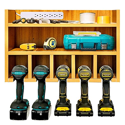 Best Promo Wokyy Power Tool Organizer Wall Mount, Cordless Power Tools Storage Cabinet, Drill Charging Station, Wooden Toolbox Shelf for Garage Workshop Organization