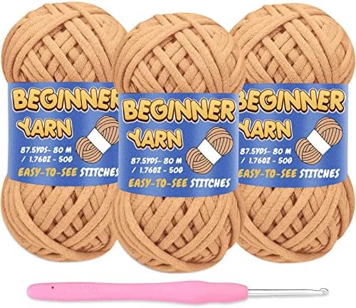 3 Pack Beginners Crochet Yarn, Khaki Brown Cotton Yarn for Crocheting Knitting Beginners, Easy-to-See Stitches, Chunky Thick Bulky Cotton Soft Yarn for Crocheting (3x50g)