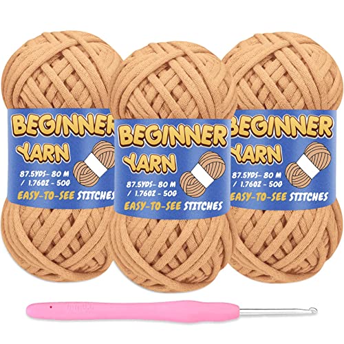 3 Pack Beginners Crochet Yarn, Khaki Brown Cotton Yarn For Crocheting Knitting Beginners, Easy-To-See Stitches, Chunky Thick Bulky Cotton Soft Yarn For Crocheting (3X50G) #TOP2