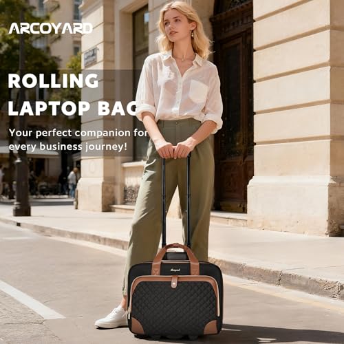Image of Arcoyard Rolling Laptop Bag, Rolling Briefcase for Women with Waterproof Pocket, 16 Inch Computer Bag, Underseat Carry On Luggage with Wheels for Work Travel Business, Lightweight Black Brown