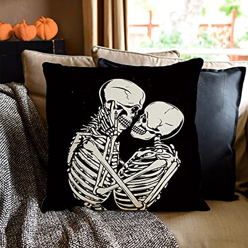 Qiqiany Skull Couple Decorative Throw Pillow Cover 18X18 Inch Square Linen Skull Lovers Skeletons Pillow Case Home Decor Art Skull Pillow Cushion Cover For Sofa Kitchen Bedroom #TOP3