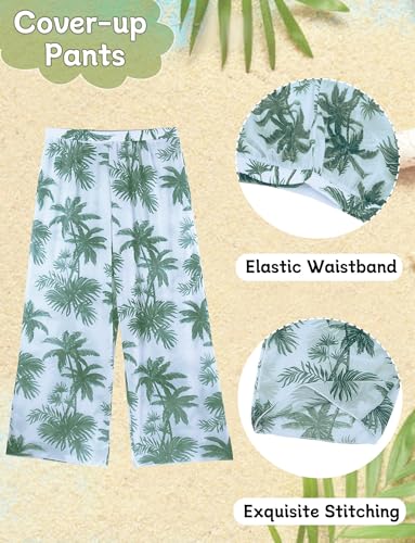 Image of Happy Cherry Girl's 4PCS Swimsuits Tropical Print Halter Bikini Set Bathing Suits with Kimono and Cover Up Pant Boho Swimwear
