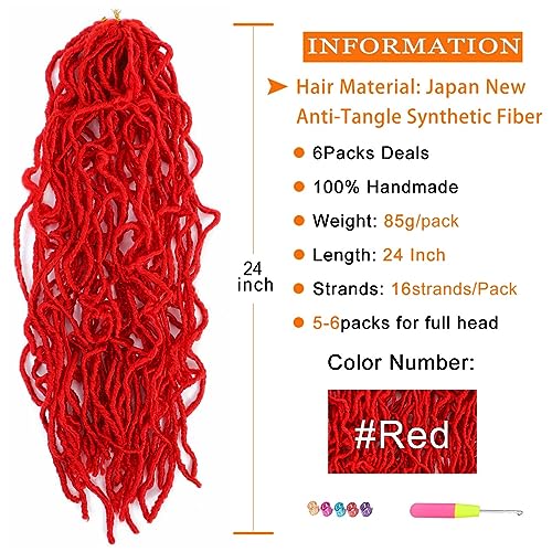 New Soft Locs Crochet Hair 24 Inch 6 Packs Red Faux Locs Crochet Hair Pre Looped Knotless Style Natural Curly Wavy Crochet Braids Hair For Black Women, No Odor, Skin Friendly, Bouncy (24 Inch, 6 Pack, Red#) #TOP1