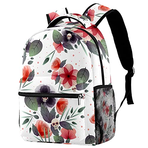 Mochila escolar universitaria de calaveras y flores ergonómica y cómoda