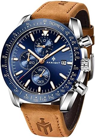 AKNIGHT Men Watch Chronograph Analog Quartz Watch for Men Leather Strap Luminous Waterproof Stylish Sports Designer Wrist Watch