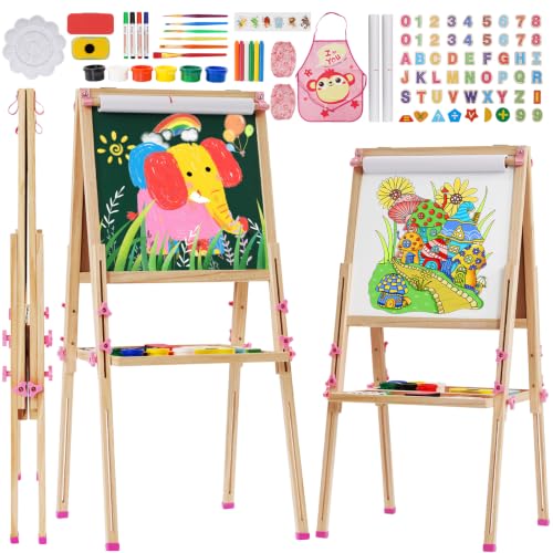 Staffelei Kinder aus Holz,Faltbare Doppelseitige Kunststaffelei für Whiteboard und Kreidetafel,Höhenverstellbar mit Papierrolle, Kreidetafel, Whiteboard, Stift, Reichhaltige Accessoires,Rosa
