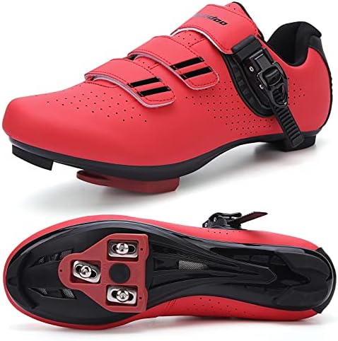Mens Womens Cycling Shoes Compatible with Pelaton Bike Shoes Road Bike Shoes Riding Bicycle Pre-Installed with Delta Cleats Clip Indoor Outdoor Pedal Size 9 Red
