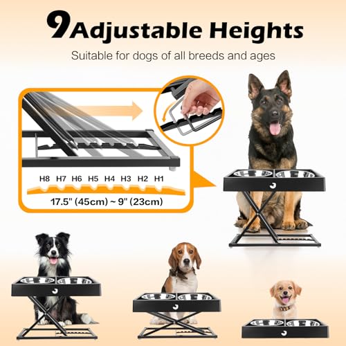 Joytale Elevated Dog Bowls for Large Breeds, Heavy Duty 9 Adjustable Height from 9" to 17.5" Metal Stand Anti-Slip, Non Spill Raised Food & Water Station with 2 Stainless Steel Food Bowls, Black - Image 3