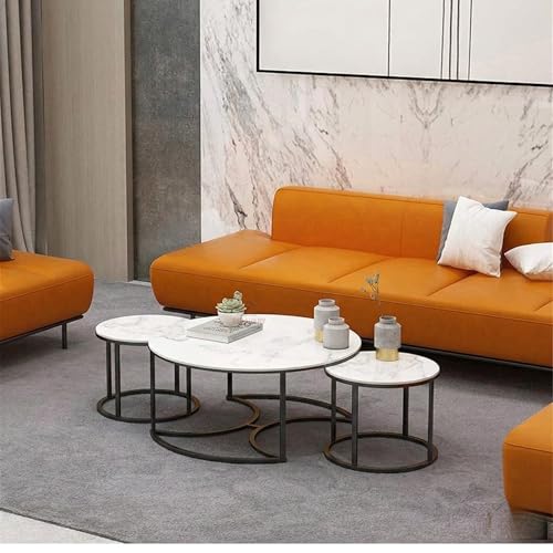 Image of Round Coffee Table Set of 3, Marble Laminated Accent Center Table with Sturdy Metal Base | Modern Foldable Nesting Stacking Tables for Living Room, Bedroom, or Apartments (Black White)