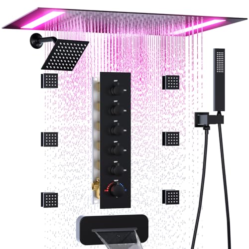 HOMEDEC 14x20inch and 6inch Shower Heads System with Bathtub Spout, 5 Way Diverter Valve, Handheld and 6 Body Jets Luxury Shower Set, Black