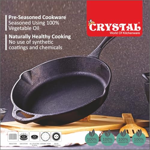 Image of Crystal Pre-Seasoned Cast Iron Skillet /Fry Pan 250 Mm | Free Handle Cover | 100% Toxin Free | Naturally Non Stick | Long Lasting | Induction & Gas Stove Compatible
