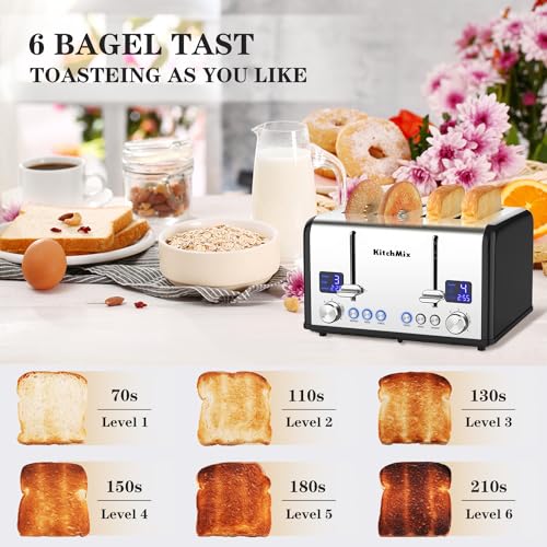 Toaster 4 Slice, Bagel Stainless Toaster with LCD Timer, Extra Wide Slots, Dual Screen, Removal Crumb Tray (Black) by KITCHMIX - Image 3