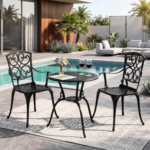 Image of NUU GARDEN 3-Piece Outdoor Bistro Set, Round 23.8 Inch Cast Aluminum Bistro Table with Umbrella Hole and 2 Cast Aluminum Bistro Chairs, for Patio, Garden, Backyard and Balcony, Black