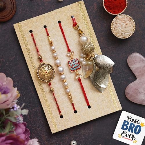 Image of eCraftIndia Set of 4 Floral, Pearls, Diamonds, Lumba Designer Rakhis, Best Bro Ever Fridge Magnet, and Roli Chawal Pack - Rakhi for Brother - Lumba Rakhi for Sister In Law