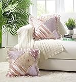 Brilliant Sunshine Pink Rosette and Stripes Patchwork Ruffle Pillowshams, Quilted Decorative Pillow Covers Set, Square Throw Cushion Cases for Couch, Armchair, Car, Bed, 18x18, Pack of 2, Rose