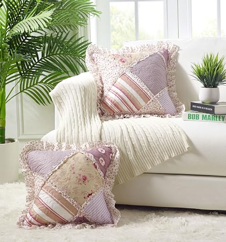 Brilliant Sunshine Pink Rosette and Stripes Patchwork Ruffle Pillowshams, Quilted Decorative Pillow Covers Set, Square Throw Cushion Cases for Couch, Armchair, Car, Bed, 18x18, Pack of 2, Rose