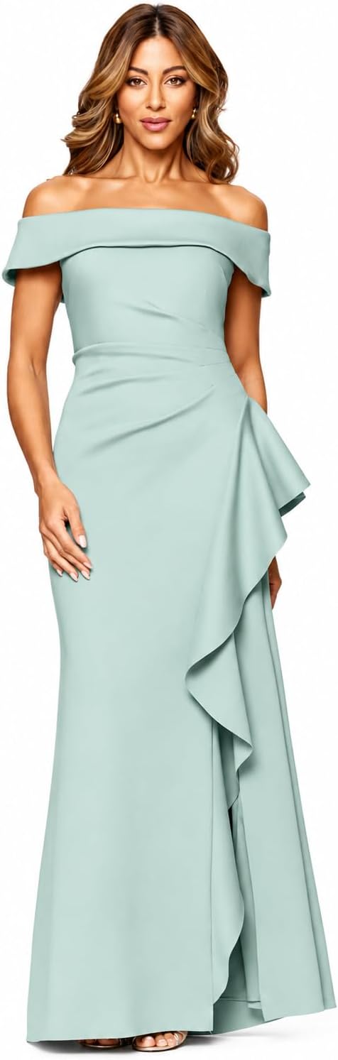 Xscape Women's Long, Ruched Off-the-Shoulder Low-Sheen Evening Dress with Leg Slit & Ruffle Detail