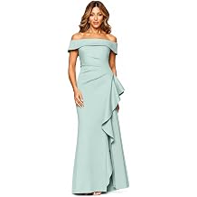 Xscape Evenings Women's Long, Ruched Off-the-Shoulder Low-Sheen Evening Dress with Leg Slit & Ruffle Detail, Sage, 16
