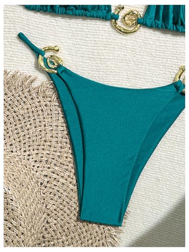 Milumia Women's 2 Piece Halter Tie Back Cheeky Swimsuit Metal Decor Triangle Thong Bikini Set4