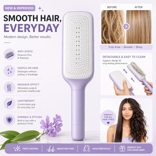 Image of Self Cleaning Hair Brush for Women & Kids - Detangler Hair Brush Comb for Wet or Dry Hair - Anti-Static Hairbrush Women Love - Gentle Scalp Massage Comb Brush for All Hair Types (pack of 1)