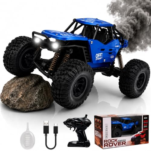 Image of Big Blue Remote Control Car | Rock Crawler | LED Headlight | Rechargeable Battery with Type c Charger | 100m Range | Smoke | Toy Car for Kids & Boys 7-14 Years | Birthday Gift for Kids