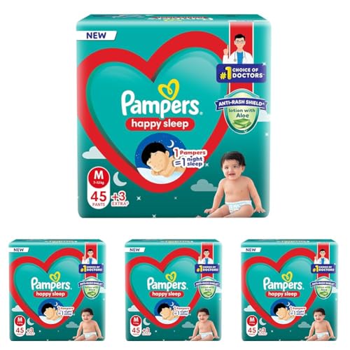Image of Pampers Happy Sleep Pant Style Baby Diapers, Medium (M), 48 Count, 1 Pampers : 1 Night Sleep, with Anti Rash Shield, 7-12 Kg Diapers (Pack of 4)