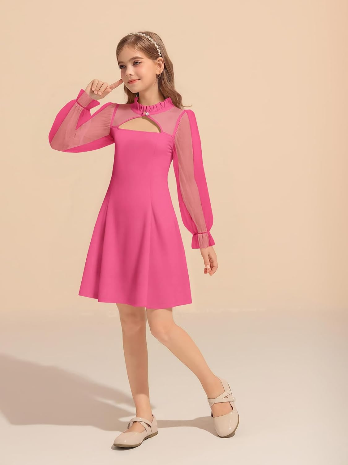 Haloumoning Girls Dresses Contrast Mesh Puff Long Sleeve Dress Kids High Waist A Line Wedding Party Dress 5-14Y - Image 4