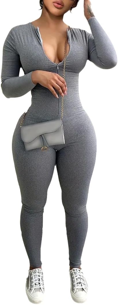 Mrskoala Women Long Sleeve Bodycon Jumpsuit One Piece Zip Up Romper