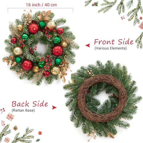 GarveeHome 16 Inch Prelit Christmas Wreath for Front Door, Artificial Xmas Wreath with Red Green Gold Ball Ornaments 30 Led Lights Battery Operated for Indoor Outside Fireplace Window Decor