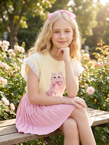 Image of Girls Ruffle Sleeves Shirt Cat Graphic Tee Cute Summer Short Sleeve Top for Teens 6-16Y