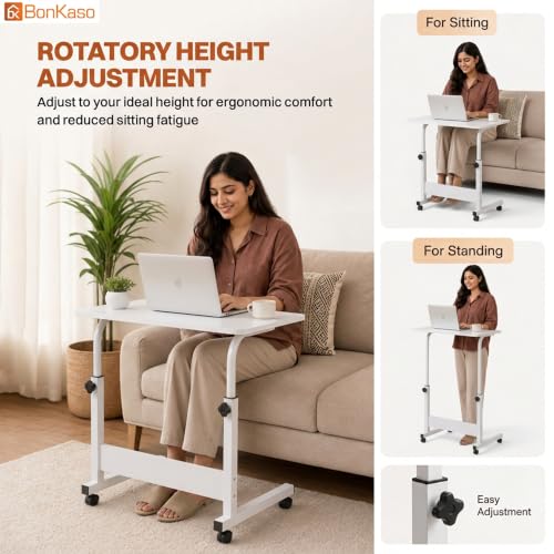 Image of BonKaso Height Adjustable Laptop Table with Wheels, Portable Rolling Computer Desk, Wooden Top, Lockable Casters, Mild Steel Frame, Multipurpose Bed Sofa Study Work Table for Home Office - White