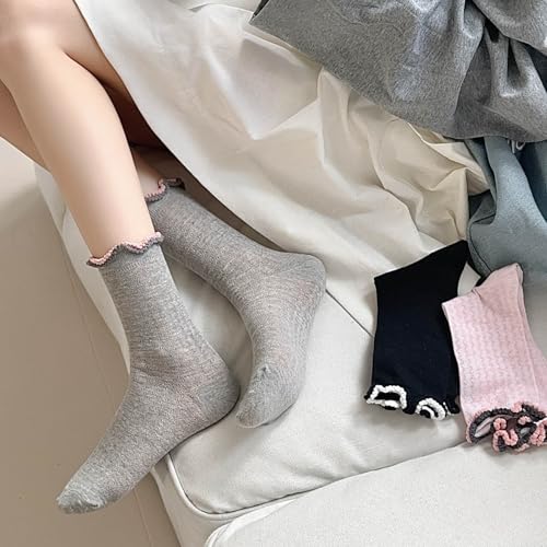 zrylibya Women Cute Ruffle Frilly Socks Hollow Out Crochet Breathable Thin Crew Socks 4 Pairs4