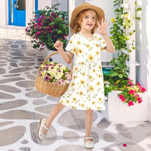 Sunflowers Girls Dresses Short Sleeve Casual Midi Sundress for Kids4