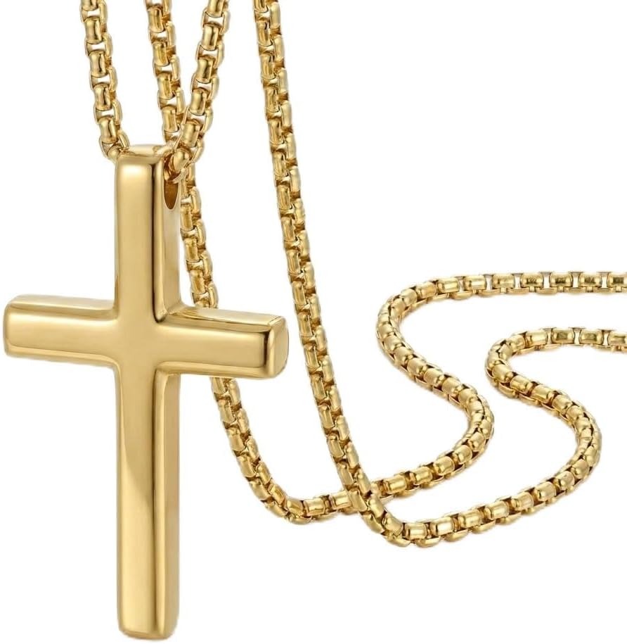 14K Gold Cross Necklaces for Men,Crosses Pendant Necklace for Mens Minimalist Religion Jewelry Chunky Box Chain 24in