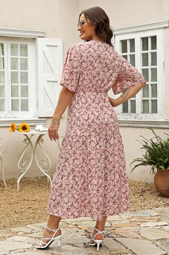 Image of Keluummi Plus Size Maxi Dress for Women V-Neck Floral Empire Waist 3 /4 Sleeve with Pockets(18 Plus, 13 - Pink Floral)