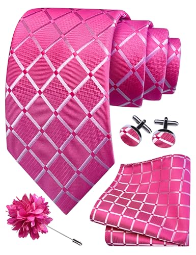 Image of GUSLESON 3.15 inch(8cm) Mens Tie and Lapel Pin Plaid Checkered Necktie Hankerchief Cufflinks Set for Men