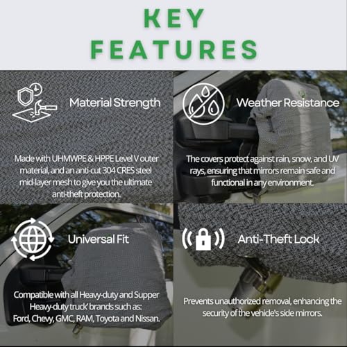 Image of HD-MirrorLock for Heavy-Duty Trucks, Vehicle Side Mirror Covers Set, Anti-Theft Lock, UHMWPE, HPPE, 304 CRES Steel Mesh, Fits Most Pickup Trucks, Protection from Ice (16 x 14 x 6 Inches)