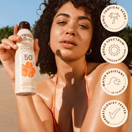 Image of Hawaiian Tropic Weightless Hydration SPF 50 Sunscreen Spray, 6 Oz | Clear body sunscreen, Lightweight texture, Water resistant sunblock, Continuous spray application, 12 hour hydration
