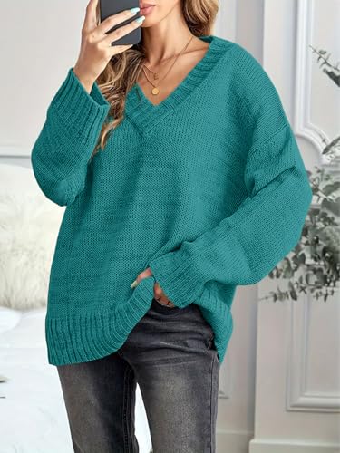 Image of Womens Loose Sweaters Sexy V Neck Long Sleeve Solid Knitted Jumper Pullover Sweatshirt Tops